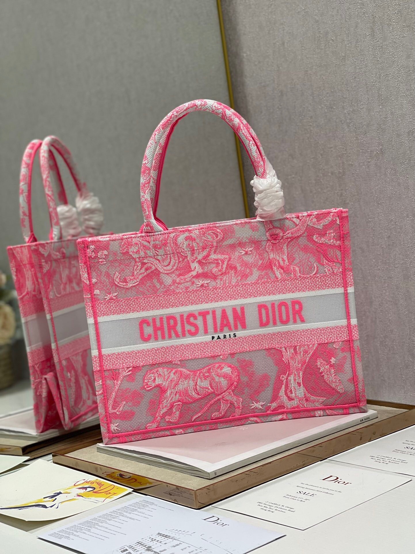 Dior Medium Book Tote Bag In Pink Transparent Toile de Jouy Canvas 542