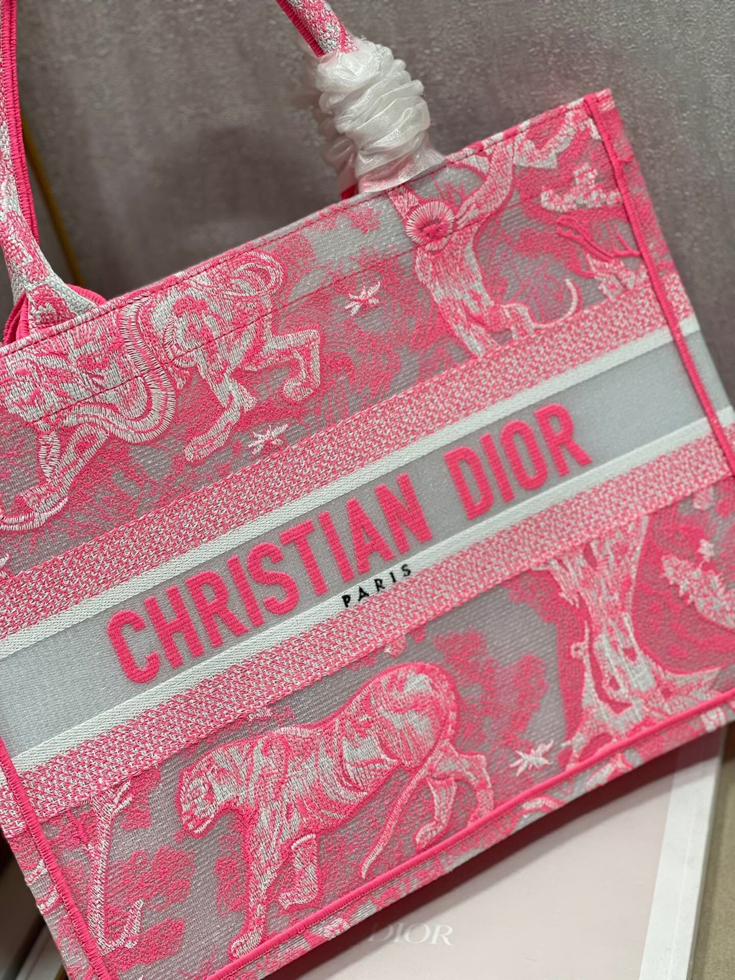 Dior Medium Book Tote Bag In Pink Transparent Toile de Jouy Canvas 542