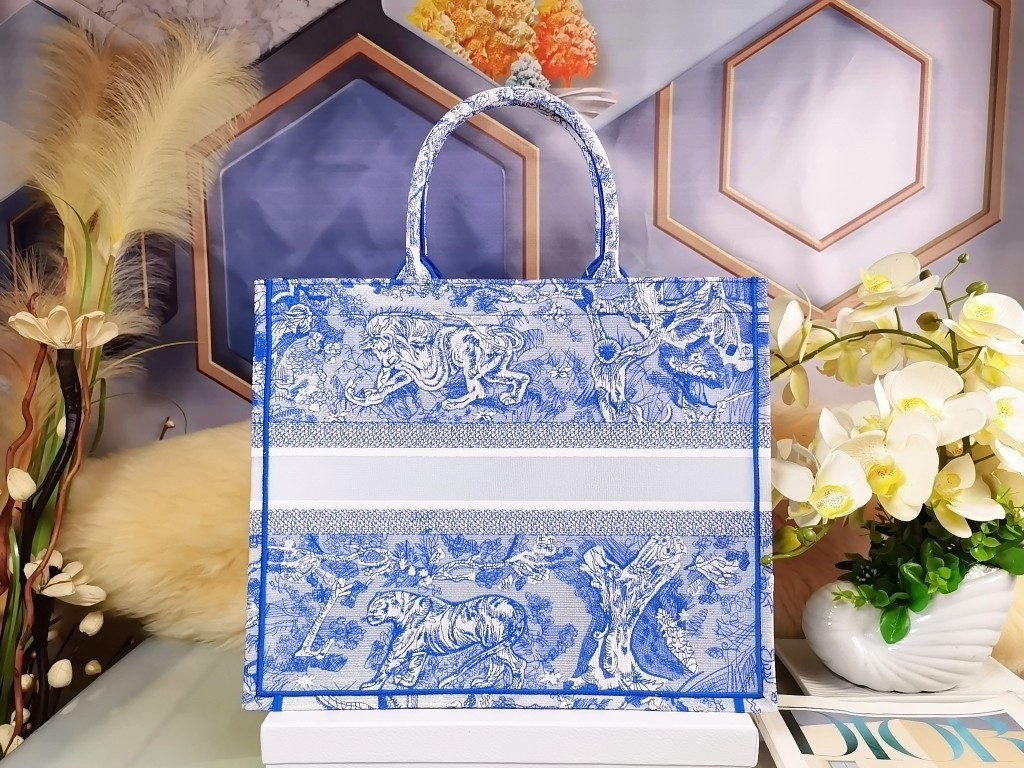 Dior Large Book Tote Bag In Blue Transparent Toile de Jouy Canvas 659