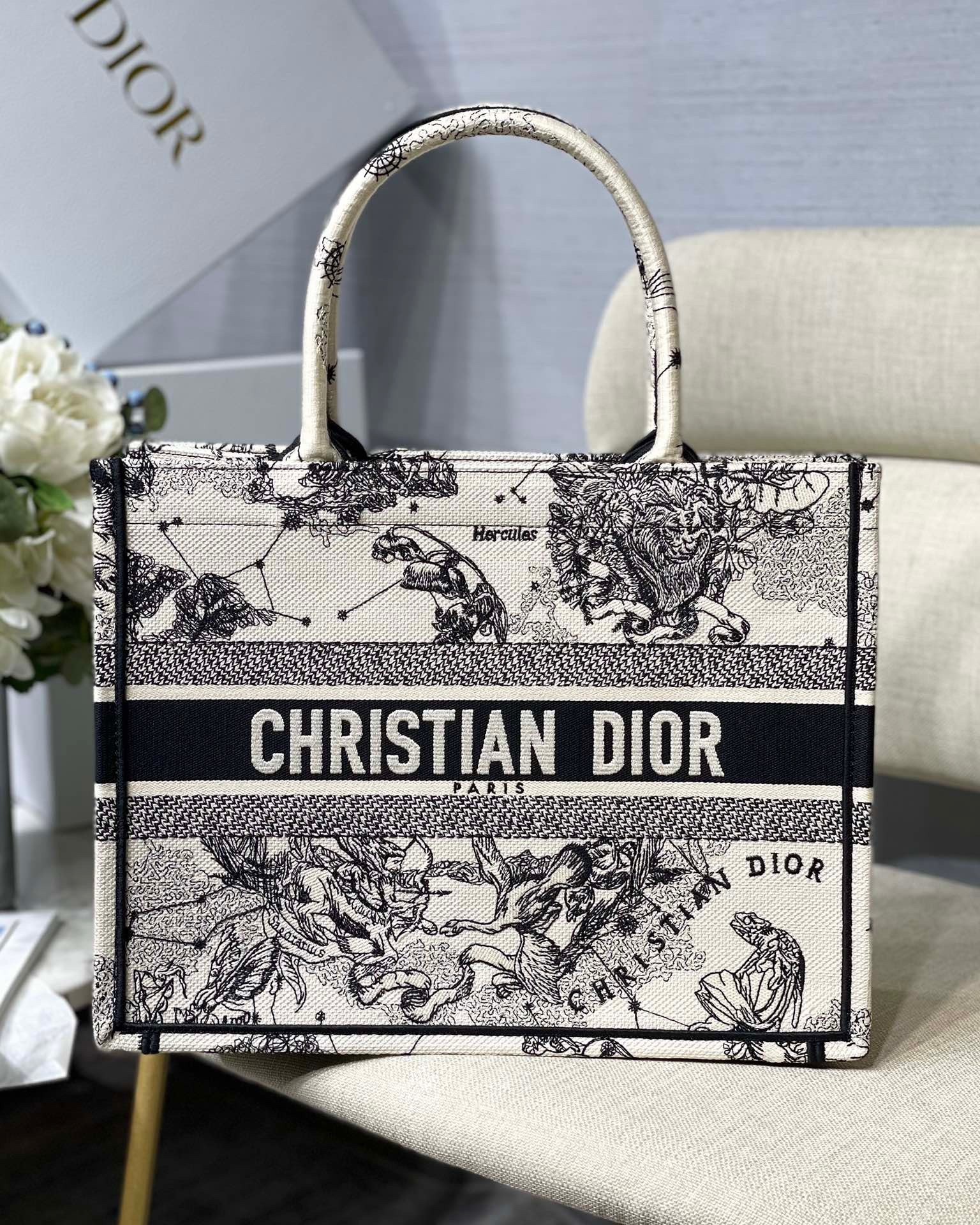 Dior Medium Book Tote Bag In White Toile de Jouy Zodiac Embroidery 627