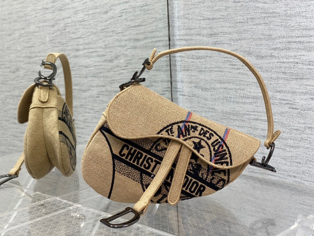 Dior Saddle Bag In Beige Jute Canvas with Dior Union Motif 698