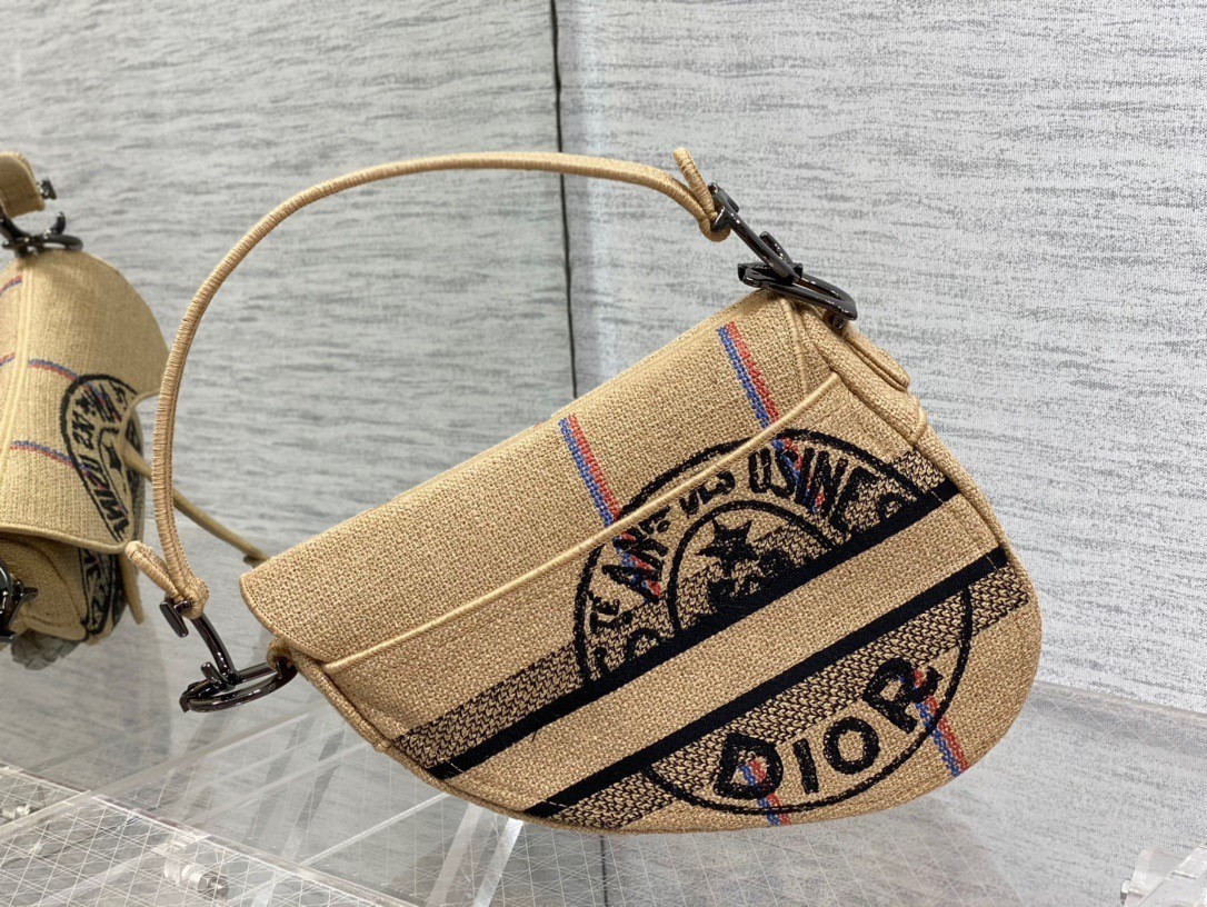 Dior Saddle Bag In Beige Jute Canvas with Dior Union Motif 698