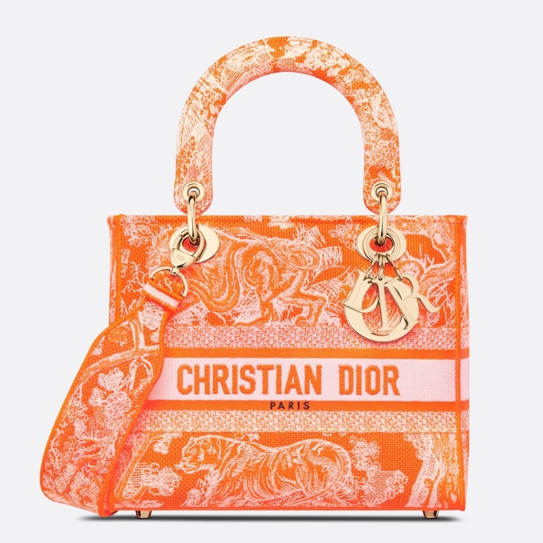 Dior Medium Lady D-Lite Bag In Fluorescent Orange Toile de Jouy Reverse Embroidery 632