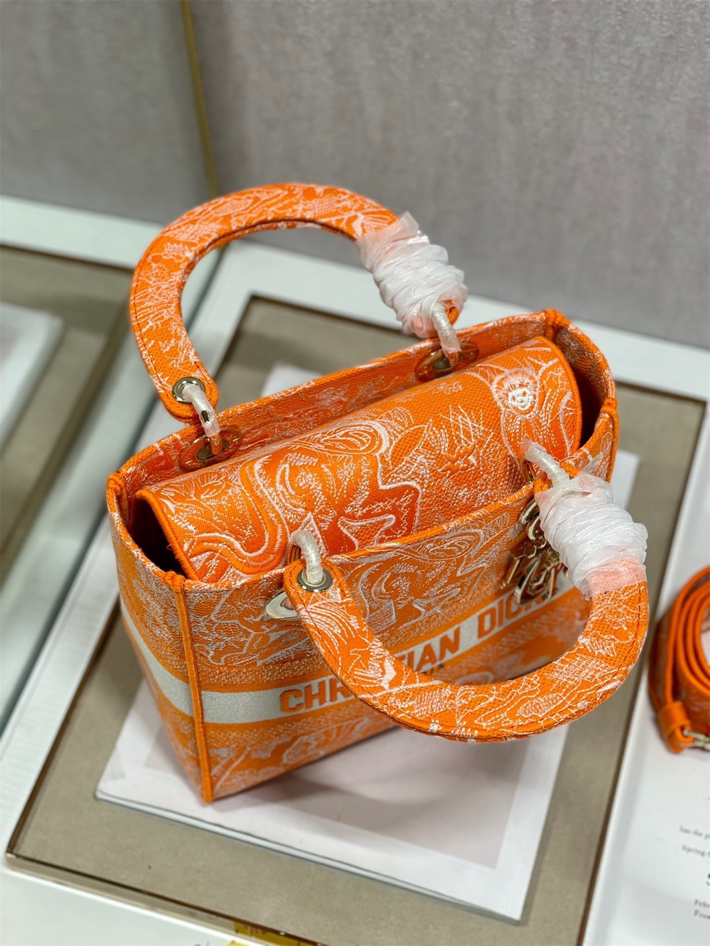 Dior Medium Lady D-Lite Bag In Fluorescent Orange Toile de Jouy Reverse Embroidery 632