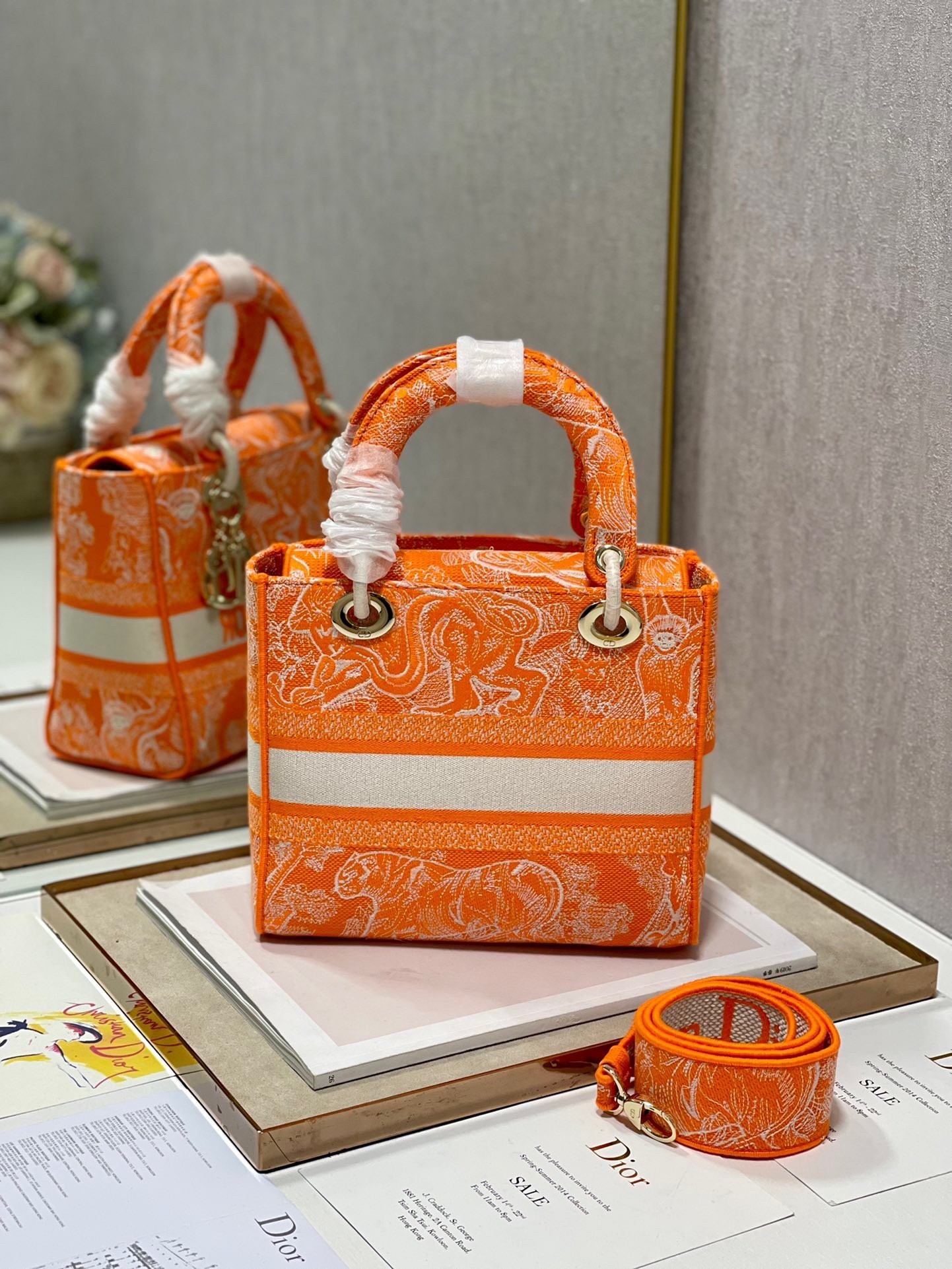 Dior Medium Lady D-Lite Bag In Fluorescent Orange Toile de Jouy Reverse Embroidery 632