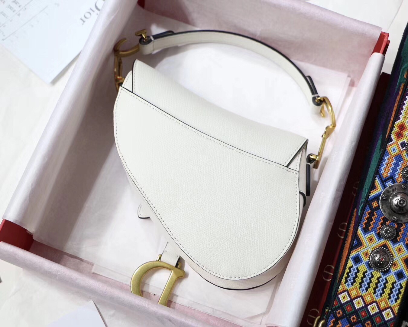 Dior Mini Saddle Bag In White Grained Calfskin 578