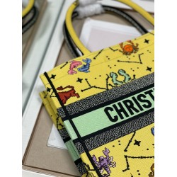 Dior Small Book Tote Bag In Yellow Multicolor Pixel Zodiac Embroidery 874