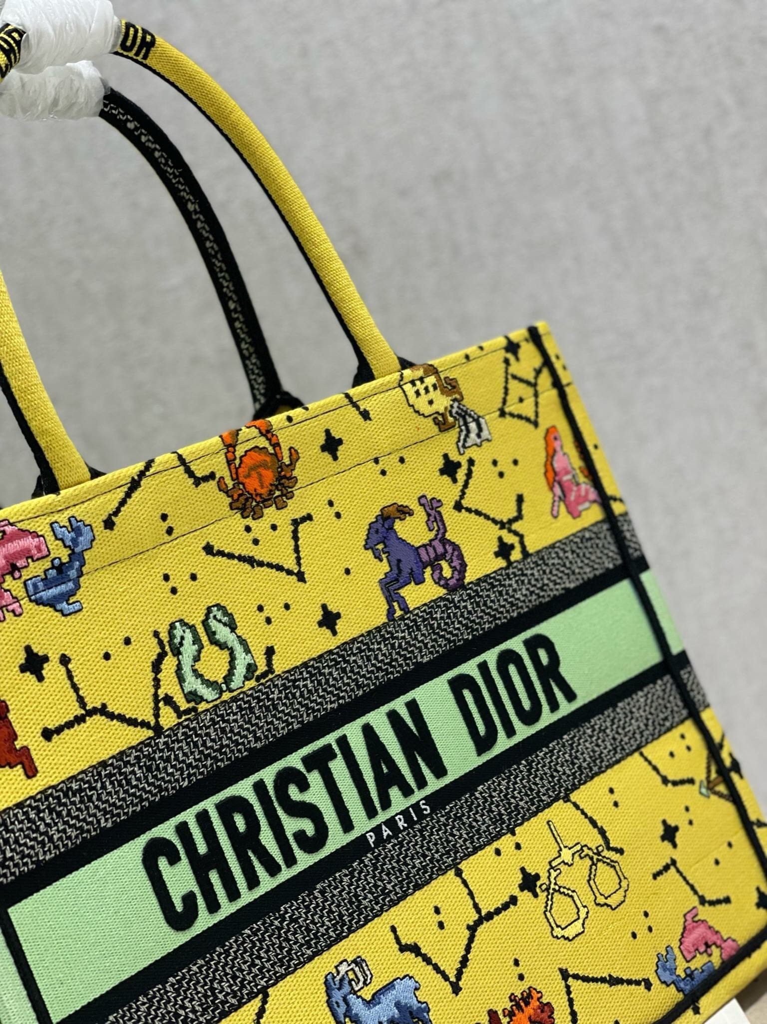 Dior Small Book Tote Bag In Yellow Multicolor Pixel Zodiac Embroidery 874