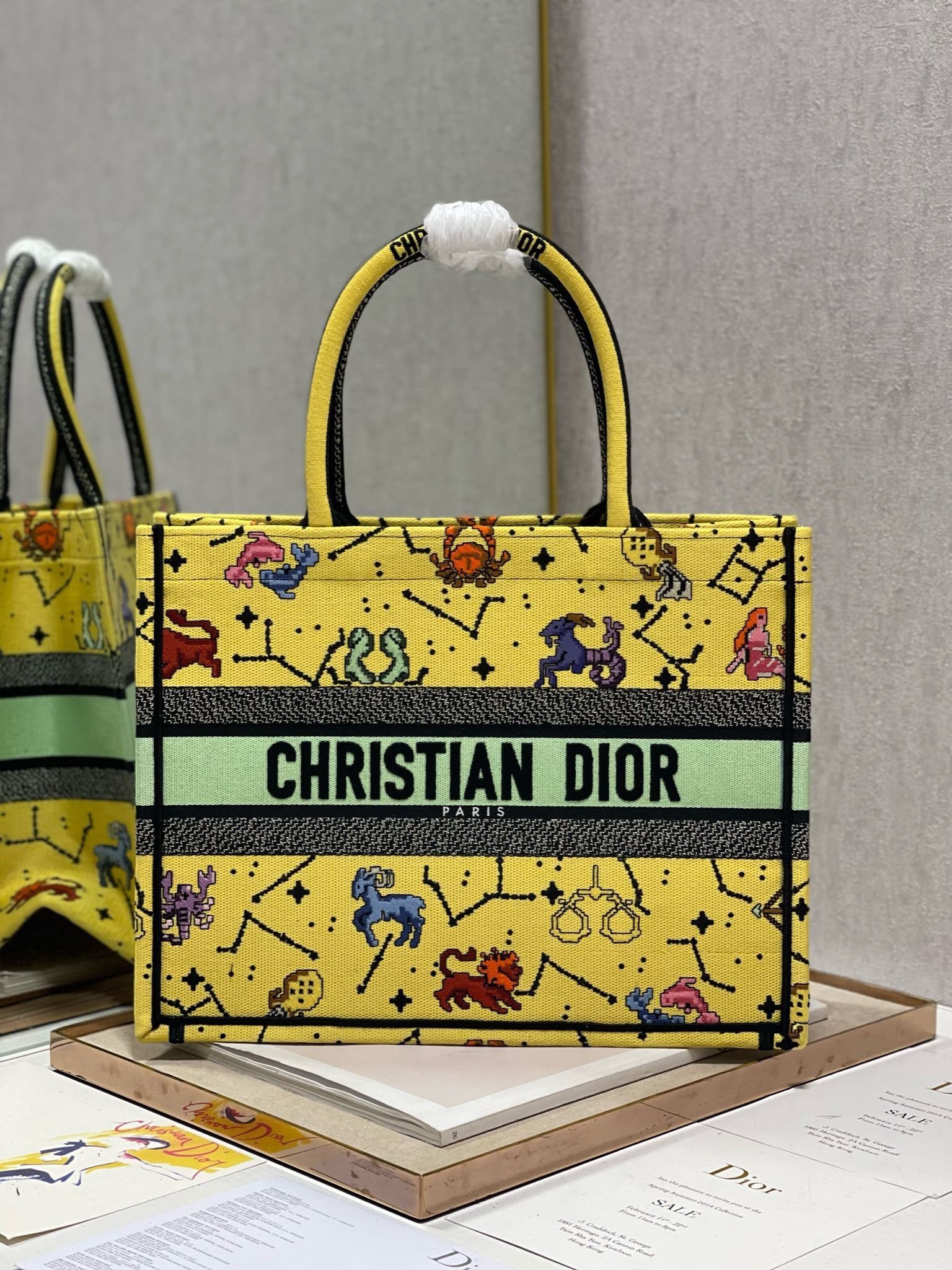 Dior Small Book Tote Bag In Yellow Multicolor Pixel Zodiac Embroidery 874