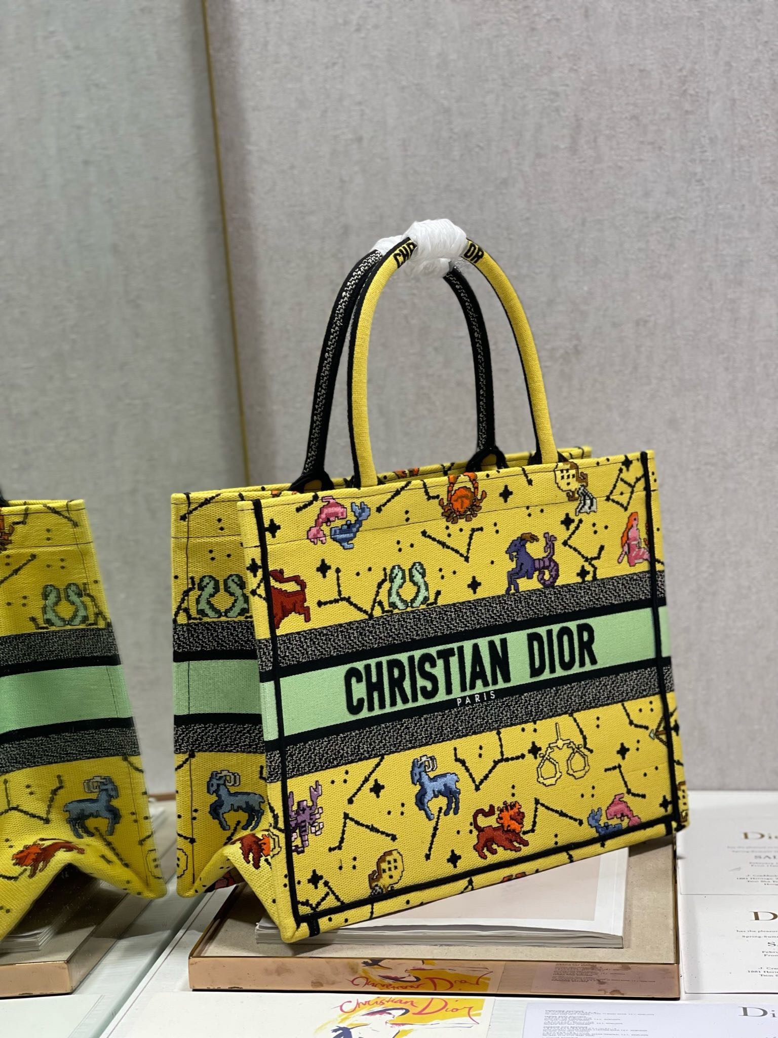 Dior Small Book Tote Bag In Yellow Multicolor Pixel Zodiac Embroidery 874