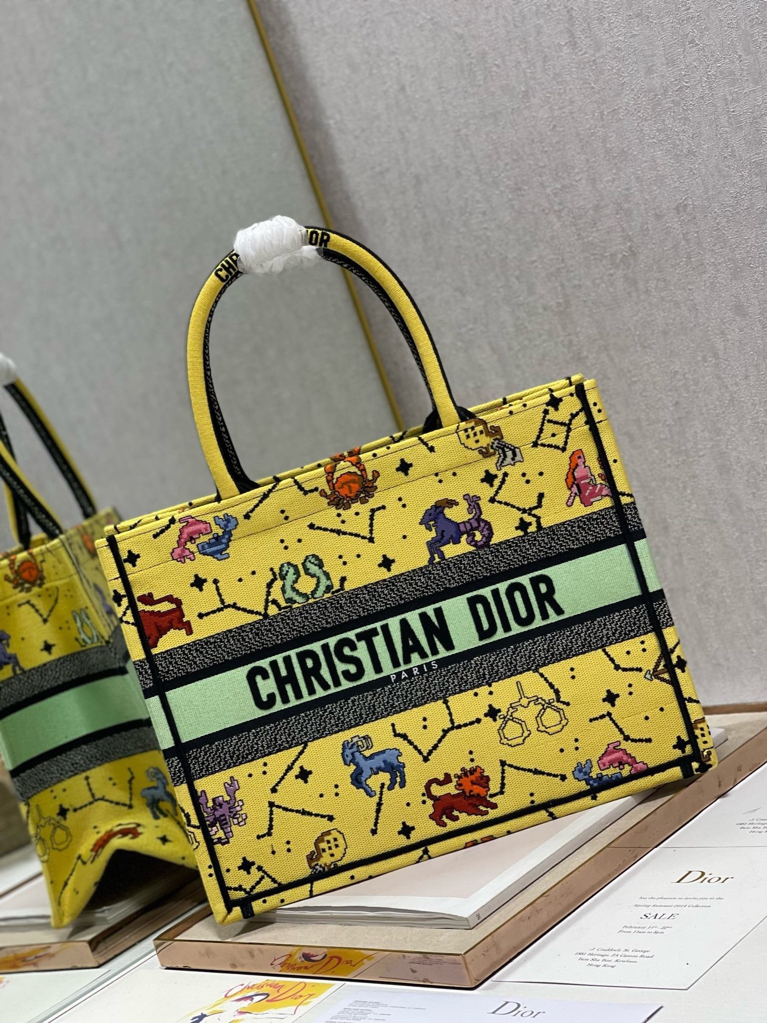 Dior Small Book Tote Bag In Yellow Multicolor Pixel Zodiac Embroidery 874