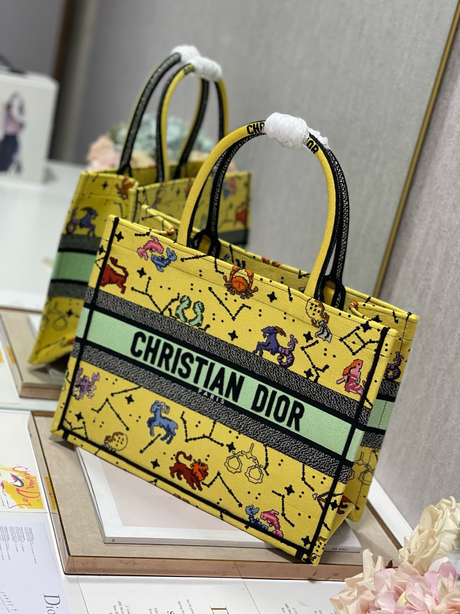 Dior Small Book Tote Bag In Yellow Multicolor Pixel Zodiac Embroidery 874