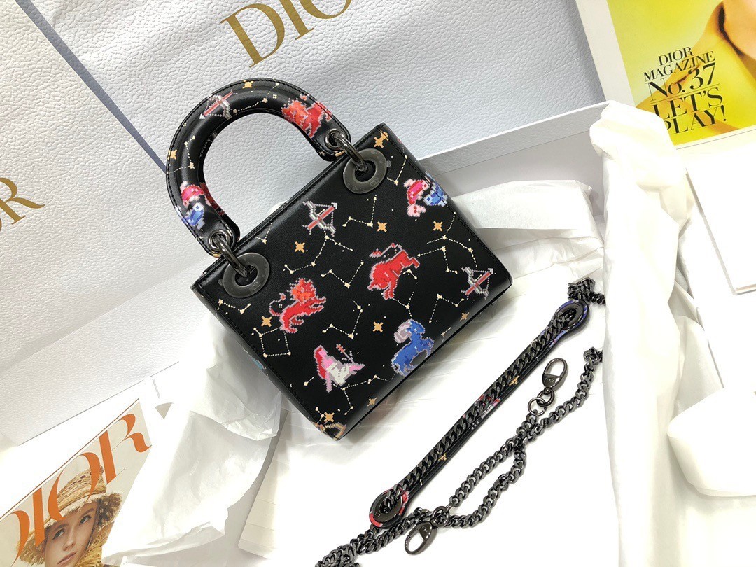 Dior Mini Lady Dior Bag In Black Calfskin with Pixel Zodiac Print 942