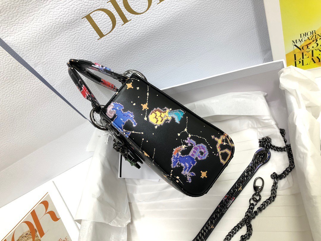 Dior Mini Lady Dior Bag In Black Calfskin with Pixel Zodiac Print 942