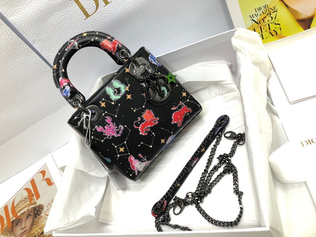 Dior Mini Lady Dior Bag In Black Calfskin with Pixel Zodiac Print 942