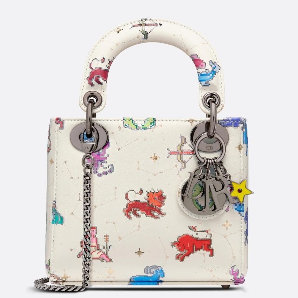 Dior Mini Lady Dior Bag In White Calfskin with Pixel Zodiac Print 969