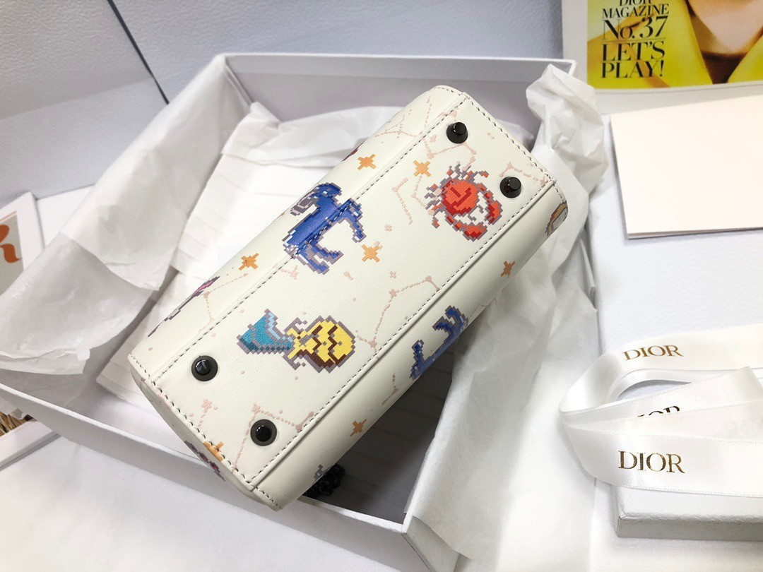 Dior Mini Lady Dior Bag In White Calfskin with Pixel Zodiac Print 969