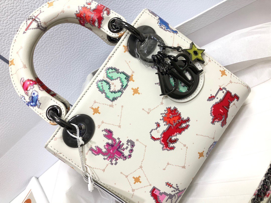 Dior Mini Lady Dior Bag In White Calfskin with Pixel Zodiac Print 969