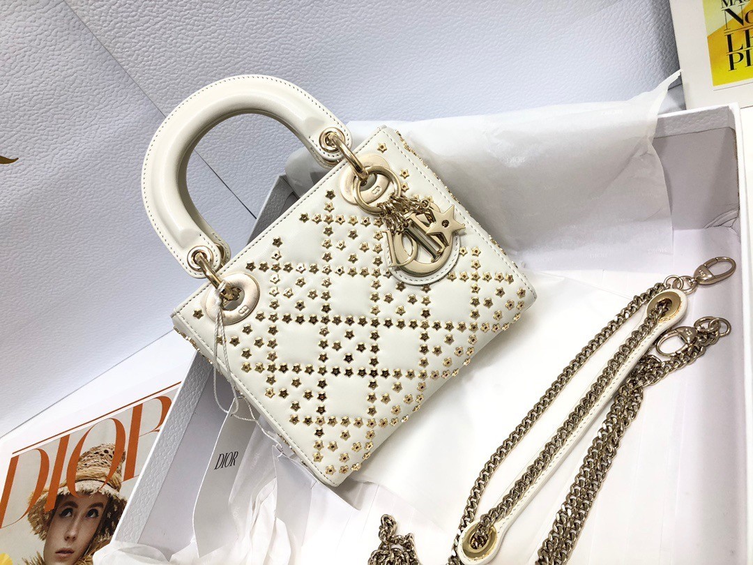 Dior Mini Lady Dior Bag In White Lambskin with Star Embroidery 800