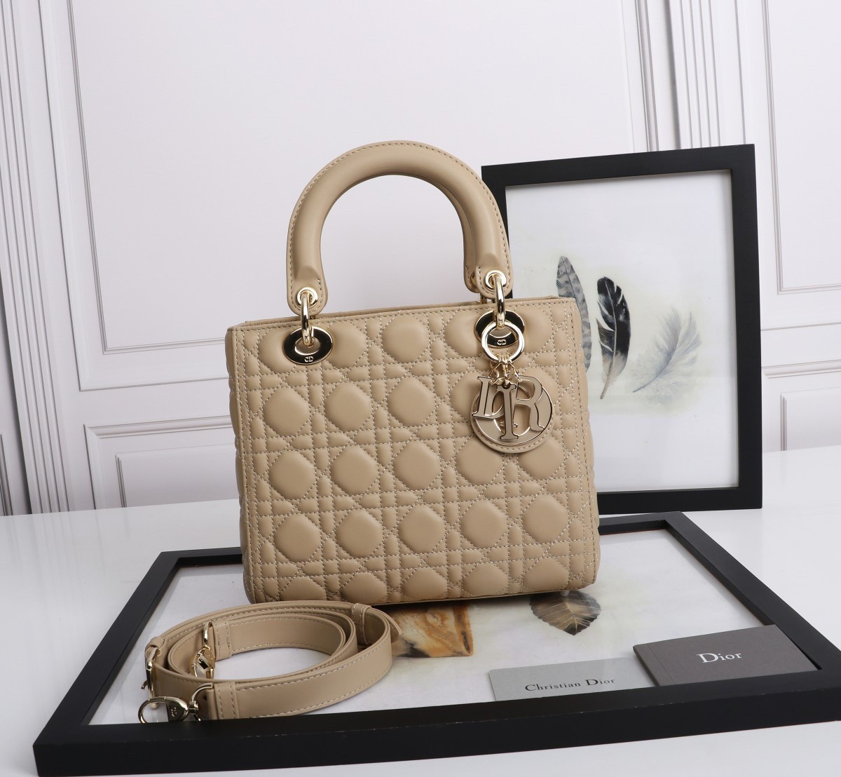 Dior Medium Lady Dior Bag with Enamel Charm In Beige Lambskin 838