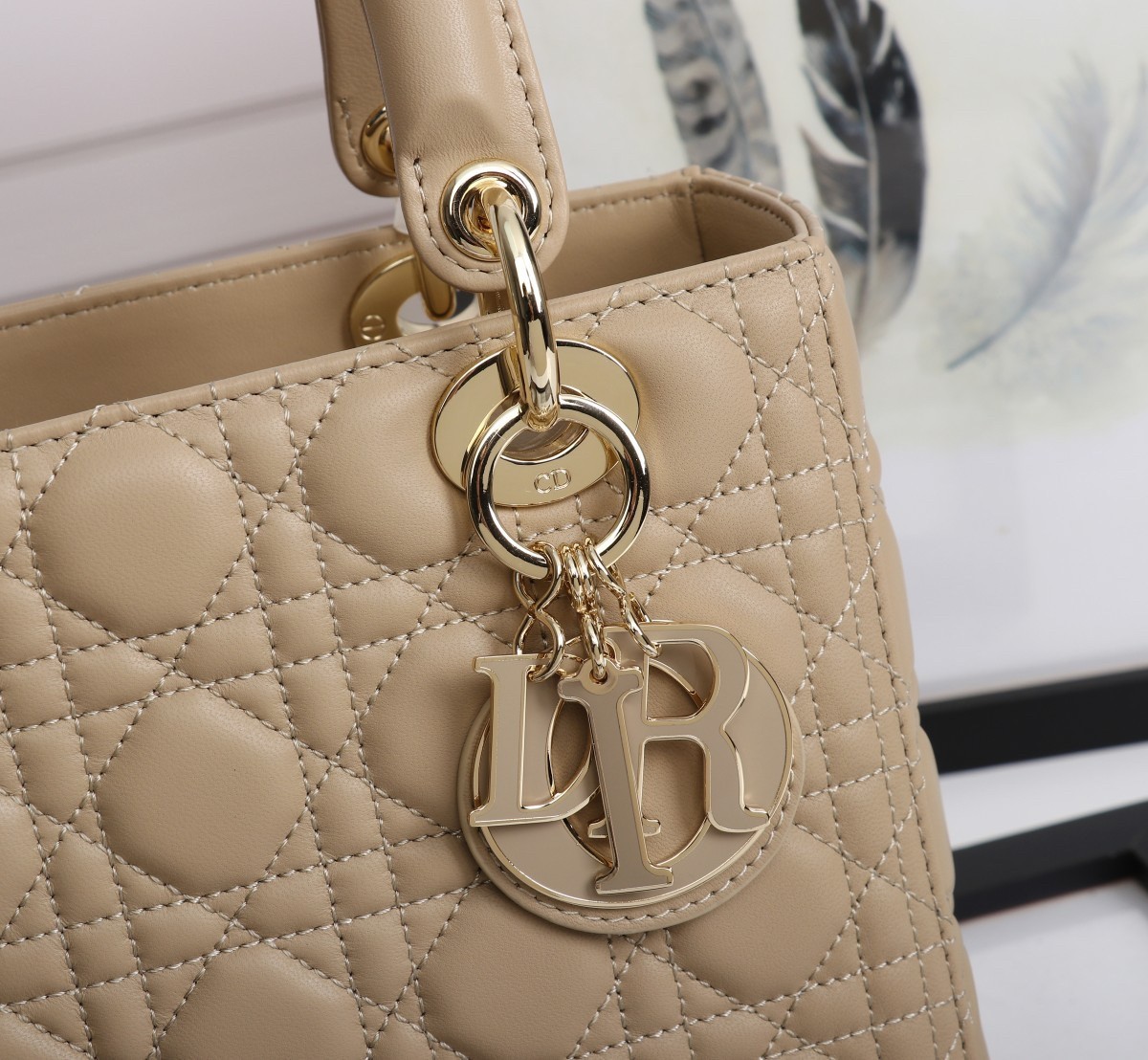 Dior Medium Lady Dior Bag with Enamel Charm In Beige Lambskin 838