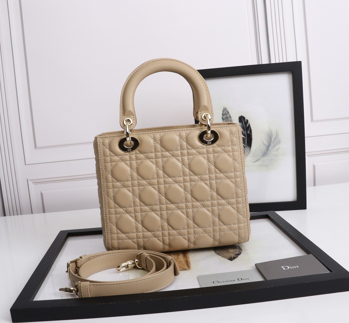 Dior Medium Lady Dior Bag with Enamel Charm In Beige Lambskin 838