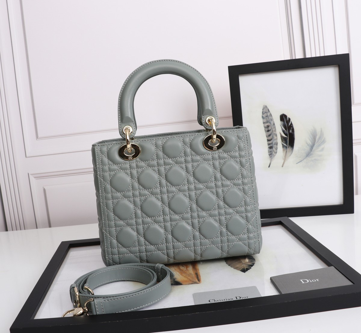 Dior Medium Lady Dior Bag with Enamel Charm In Grey Lambskin 874