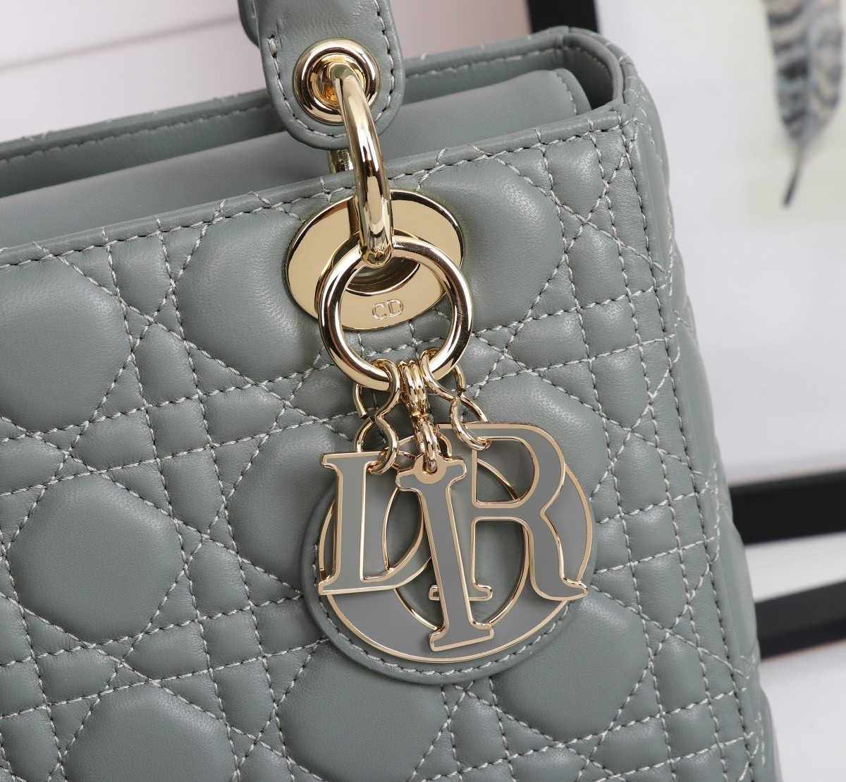 Dior Medium Lady Dior Bag with Enamel Charm In Grey Lambskin 874