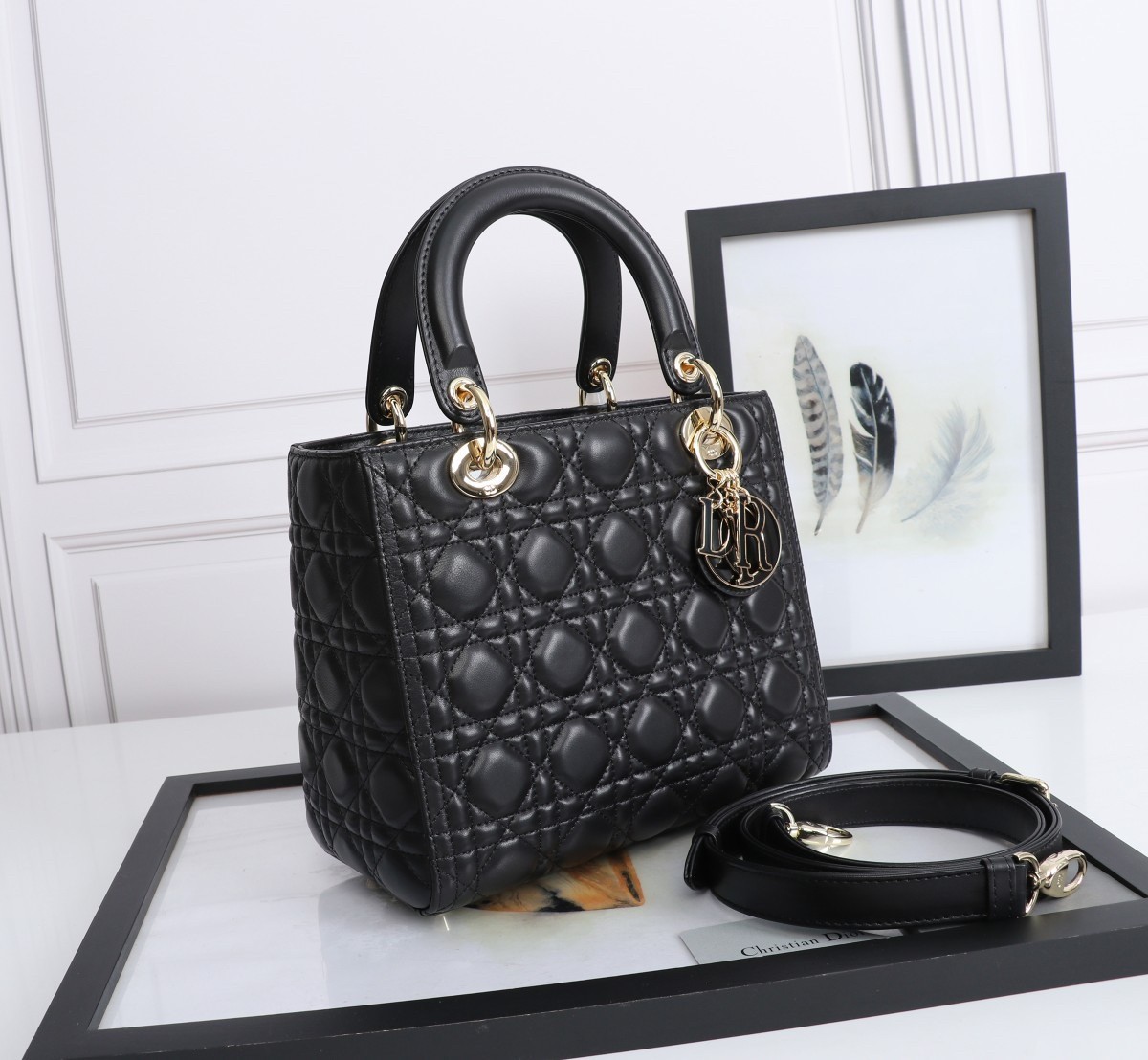 Dior Medium Lady Dior Bag with Enamel Charm In Black Lambskin 416