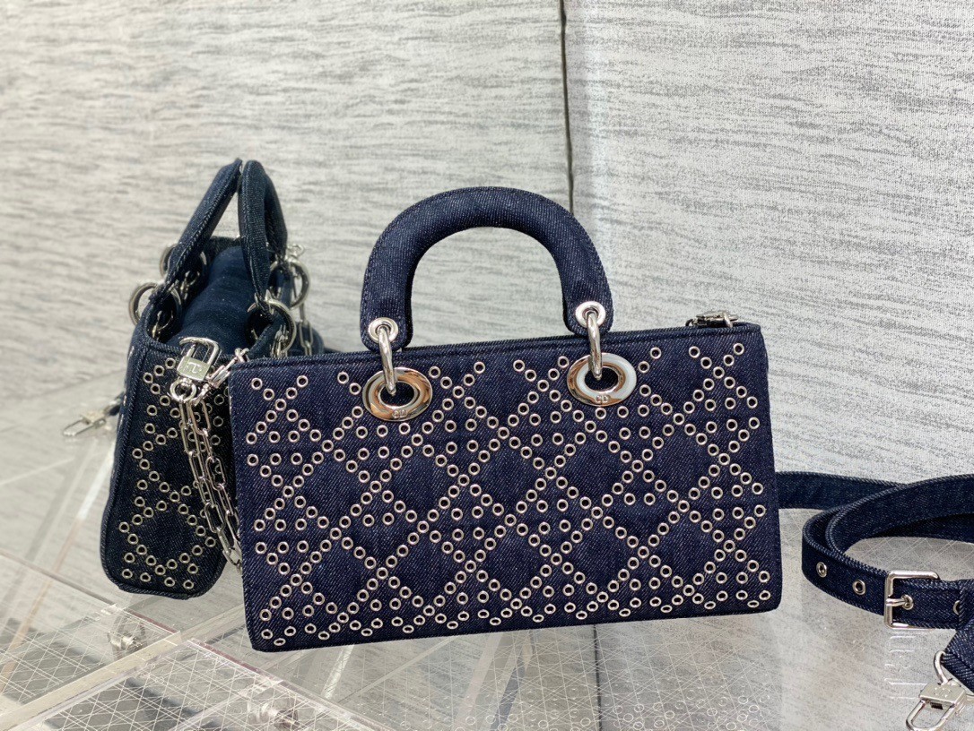 Dior Lady D-Joy Bag In Eyelet Blue Cannage Denim 443