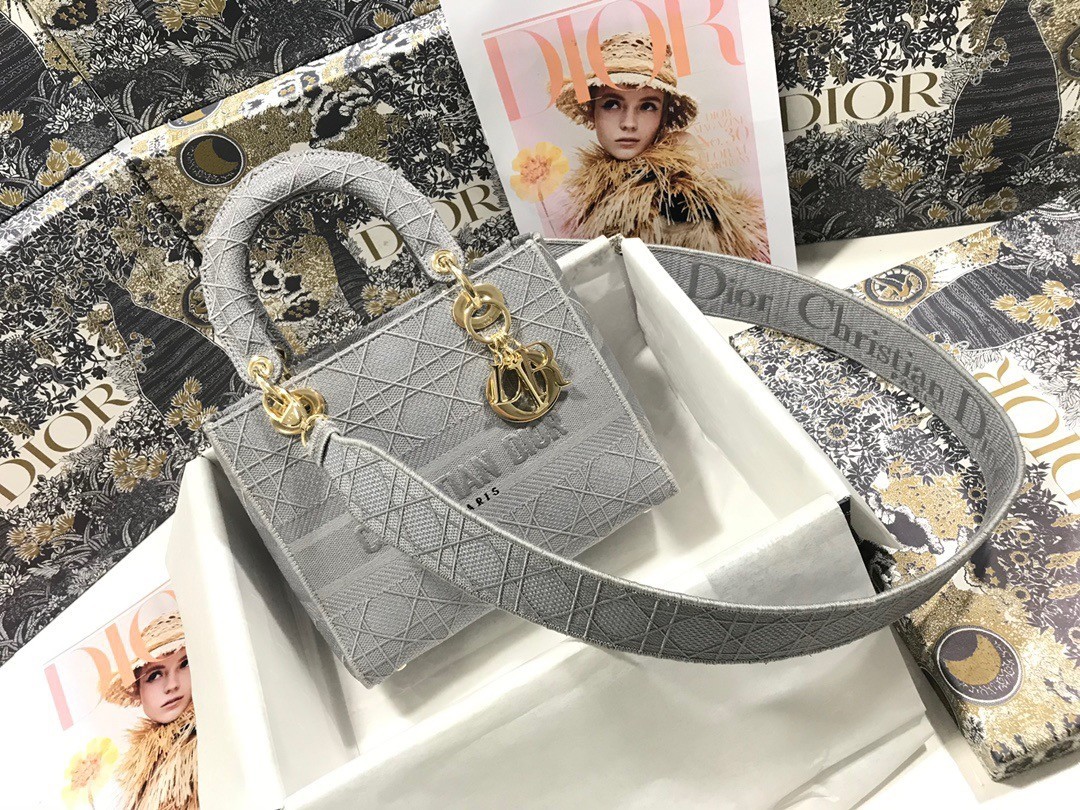 Dior Medium Lady D-Lite Bag In Gray Cannage Embroidery 476