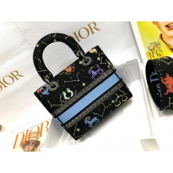 Dior Medium Lady D-Lite Bag In Black Pixel Zodiac Embroidery 513