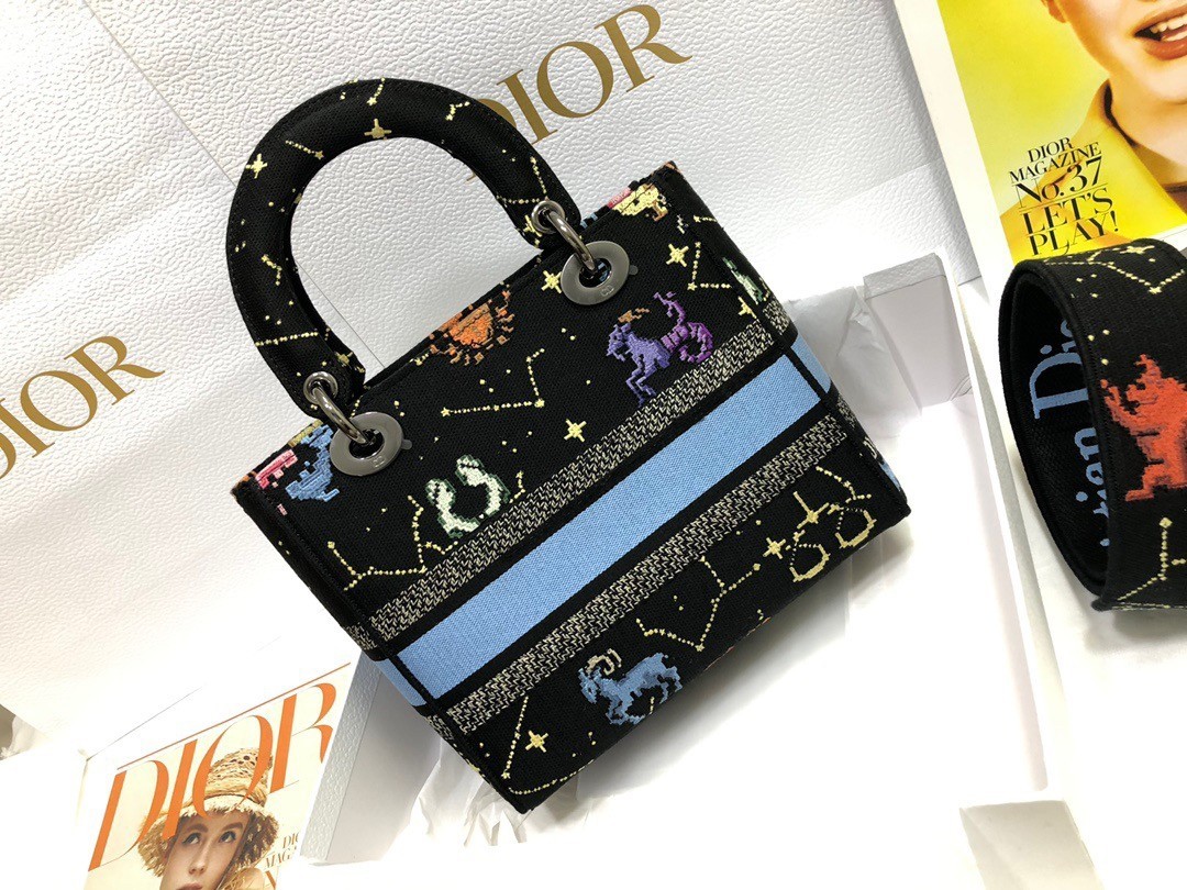 Dior Medium Lady D-Lite Bag In Black Pixel Zodiac Embroidery 513