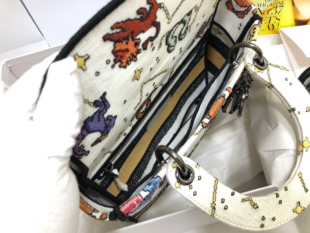 Dior Medium Lady D-Lite Bag In White Pixel Zodiac Embroidery 545