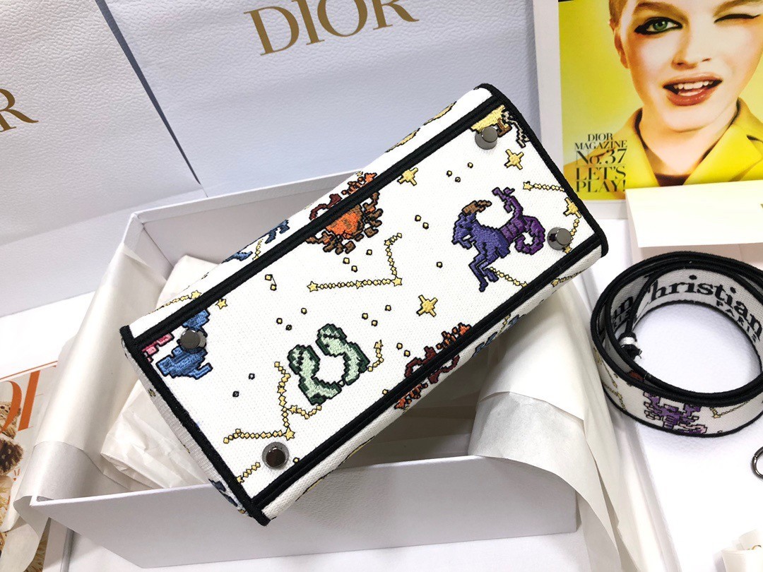 Dior Medium Lady D-Lite Bag In White Pixel Zodiac Embroidery 545