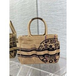 Dior Small Catherine Tote Bag In Beige Jute Canvas with Union Motif 734