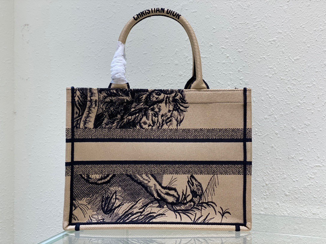 Dior Medium Book Tote Bag In Macro Toile de Jouy Tiger Embroidery  897