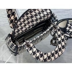 Dior Mini Lady D-Lite Bag In Black and White Houndstooth Embroidery 915