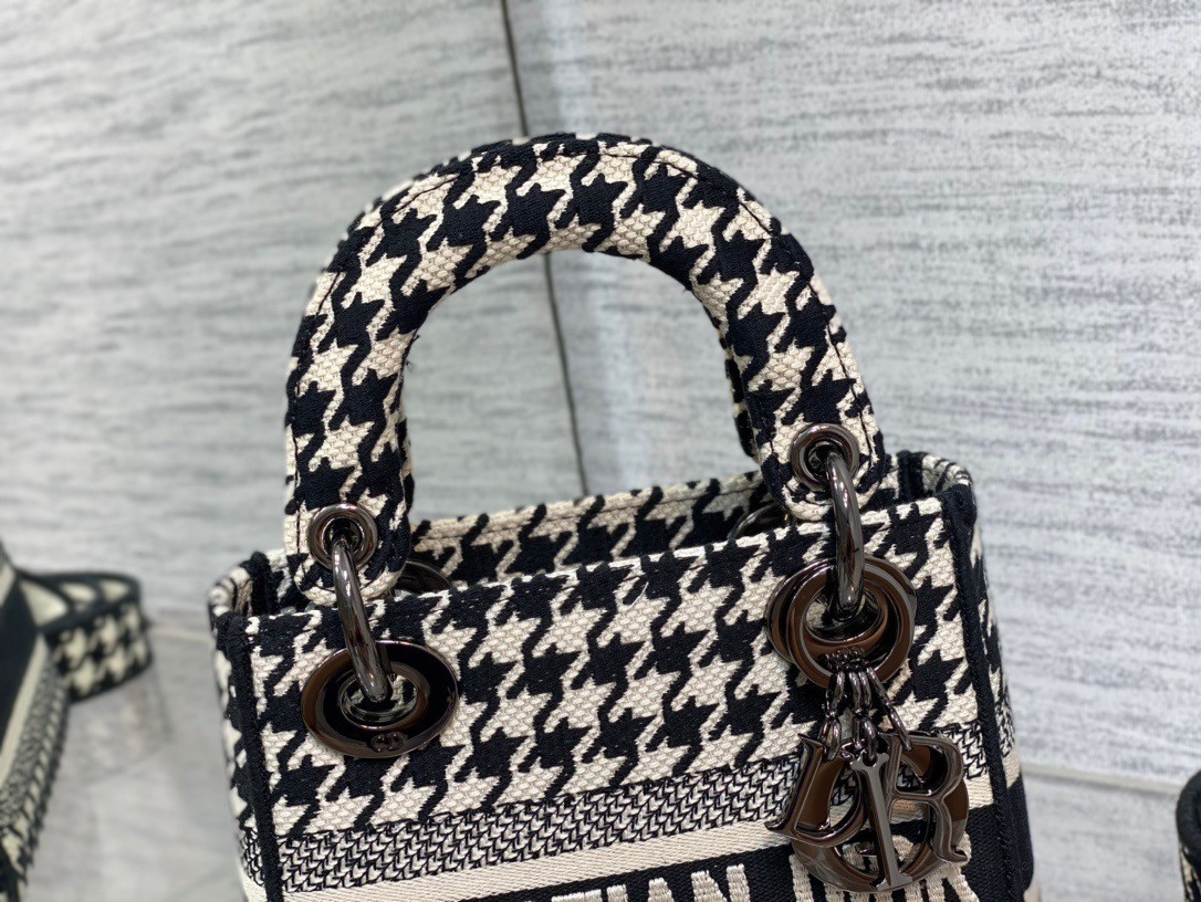 Dior Mini Lady D-Lite Bag In Black and White Houndstooth Embroidery 915