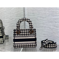 Dior Mini Lady D-Lite Bag In Black and White Houndstooth Embroidery 915