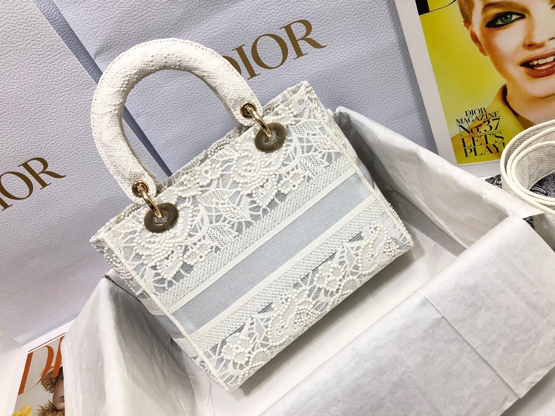 Dior Medium Lady D-Lite Bag In Natural Embroidery with Macrame Effect 014