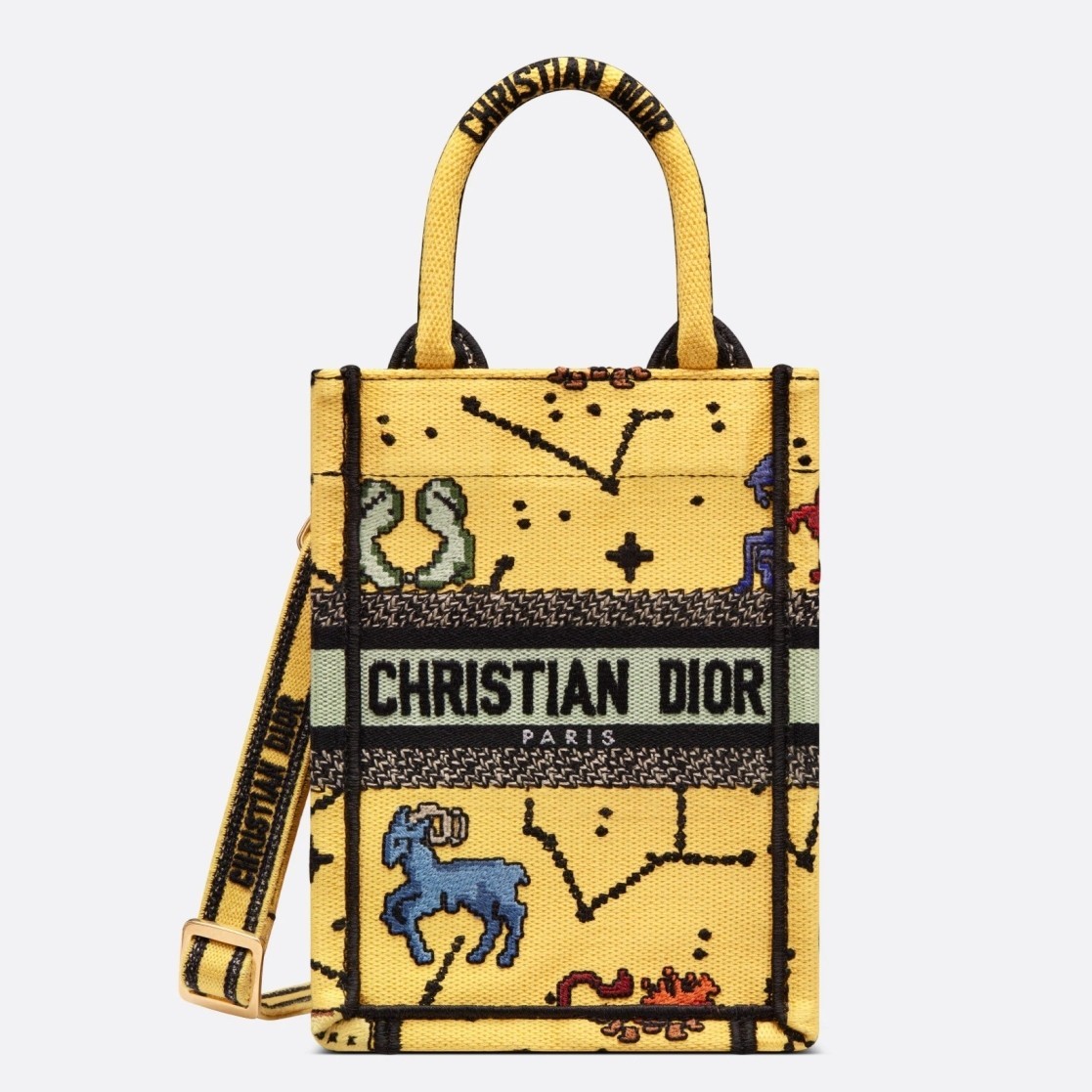 Dior Mini Book Tote Phone Bag In Yellow Pixel Zodiac Embroidery 878