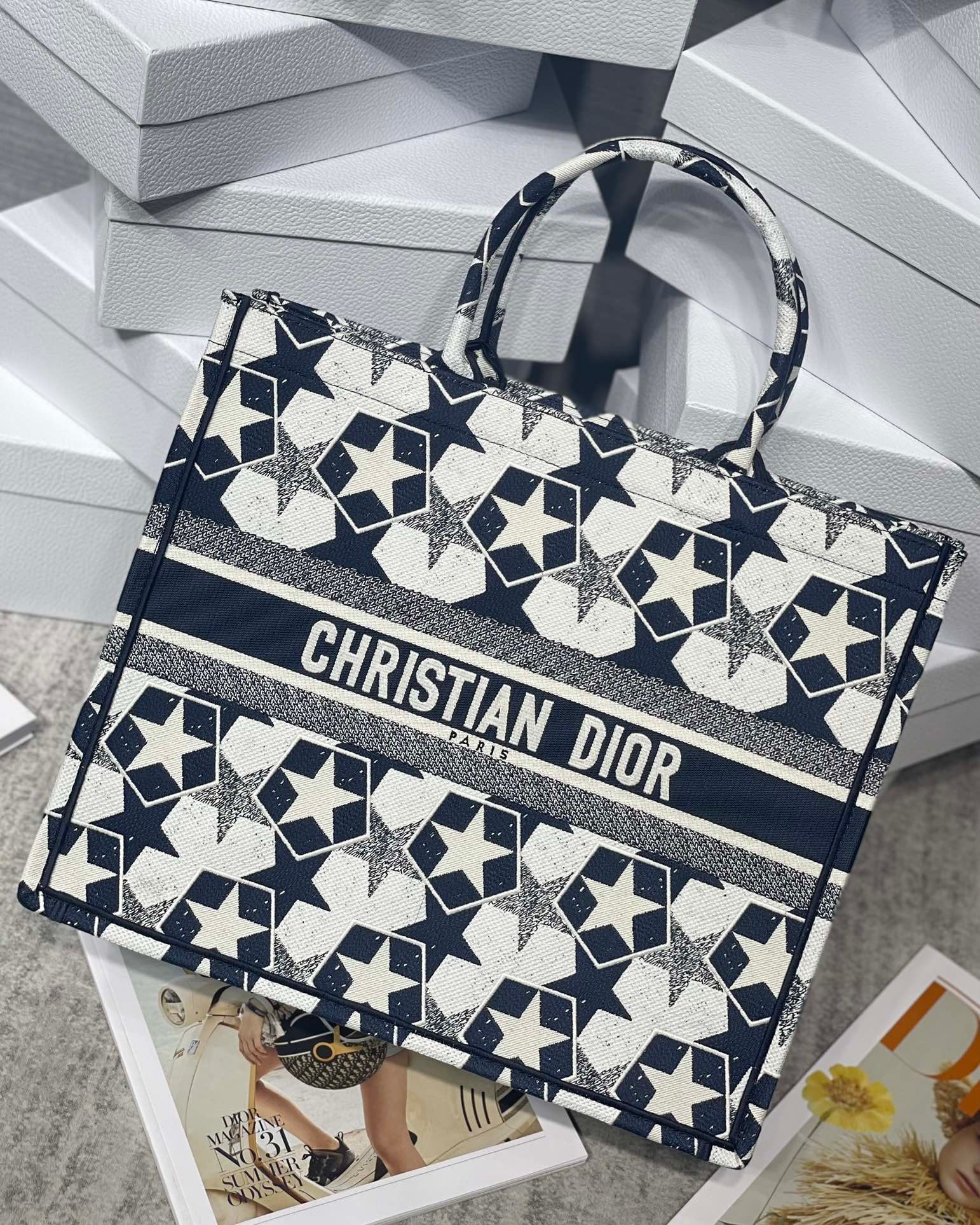 Dior Large Book Tote Bag In Blue and White Dior Etoile Embroidery 025