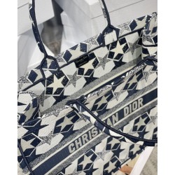 Dior Large Book Tote Bag In Blue and White Dior Etoile Embroidery 025