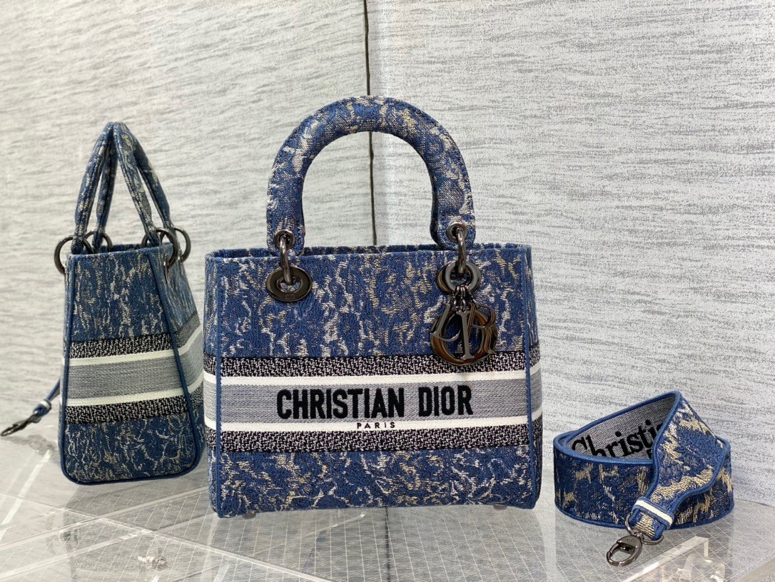 Dior Medium Lady D-Lite Bag In Blue Brocart Denim-Effect Embroidery 323