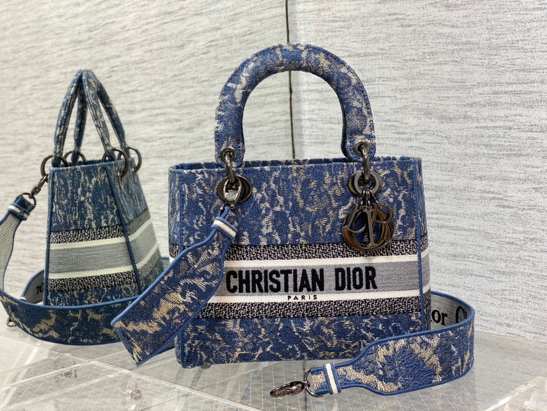 Dior Medium Lady D-Lite Bag In Blue Brocart Denim-Effect Embroidery 323