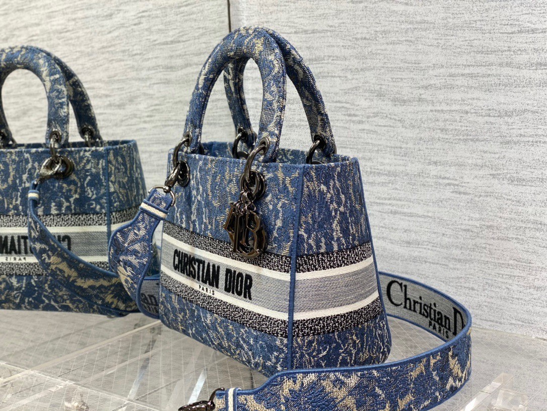 Dior Medium Lady D-Lite Bag In Blue Brocart Denim-Effect Embroidery 323