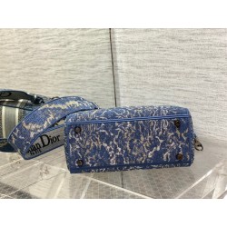 Dior Medium Lady D-Lite Bag In Blue Brocart Denim-Effect Embroidery 323