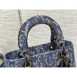 Dior Medium Lady D-Lite Bag In Blue Brocart Denim-Effect Embroidery 323