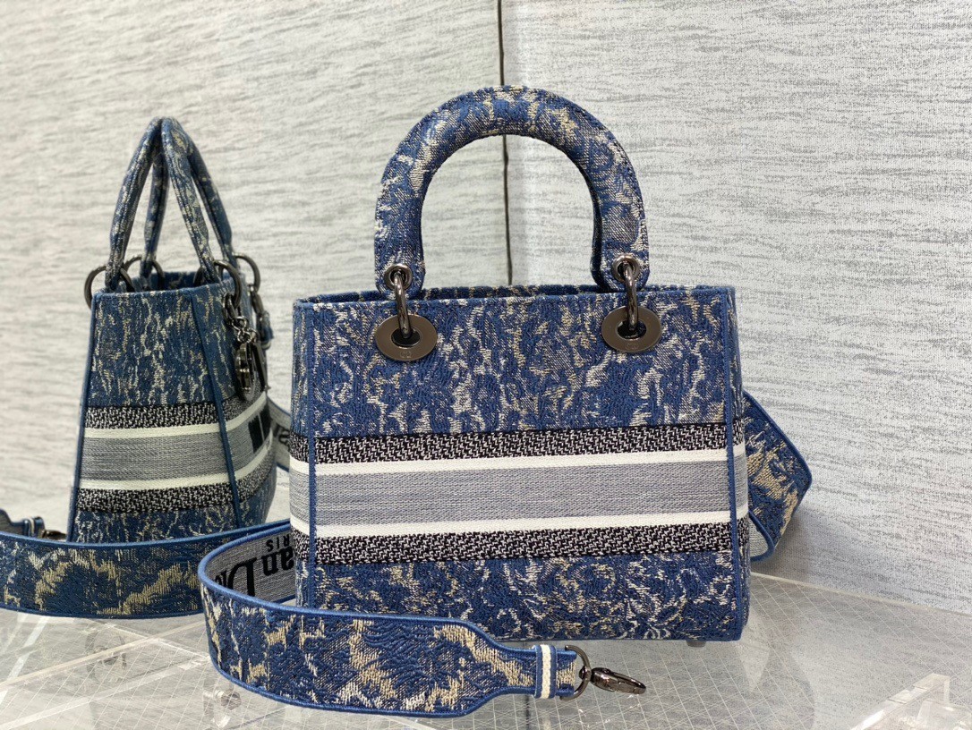 Dior Medium Lady D-Lite Bag In Blue Brocart Denim-Effect Embroidery 323